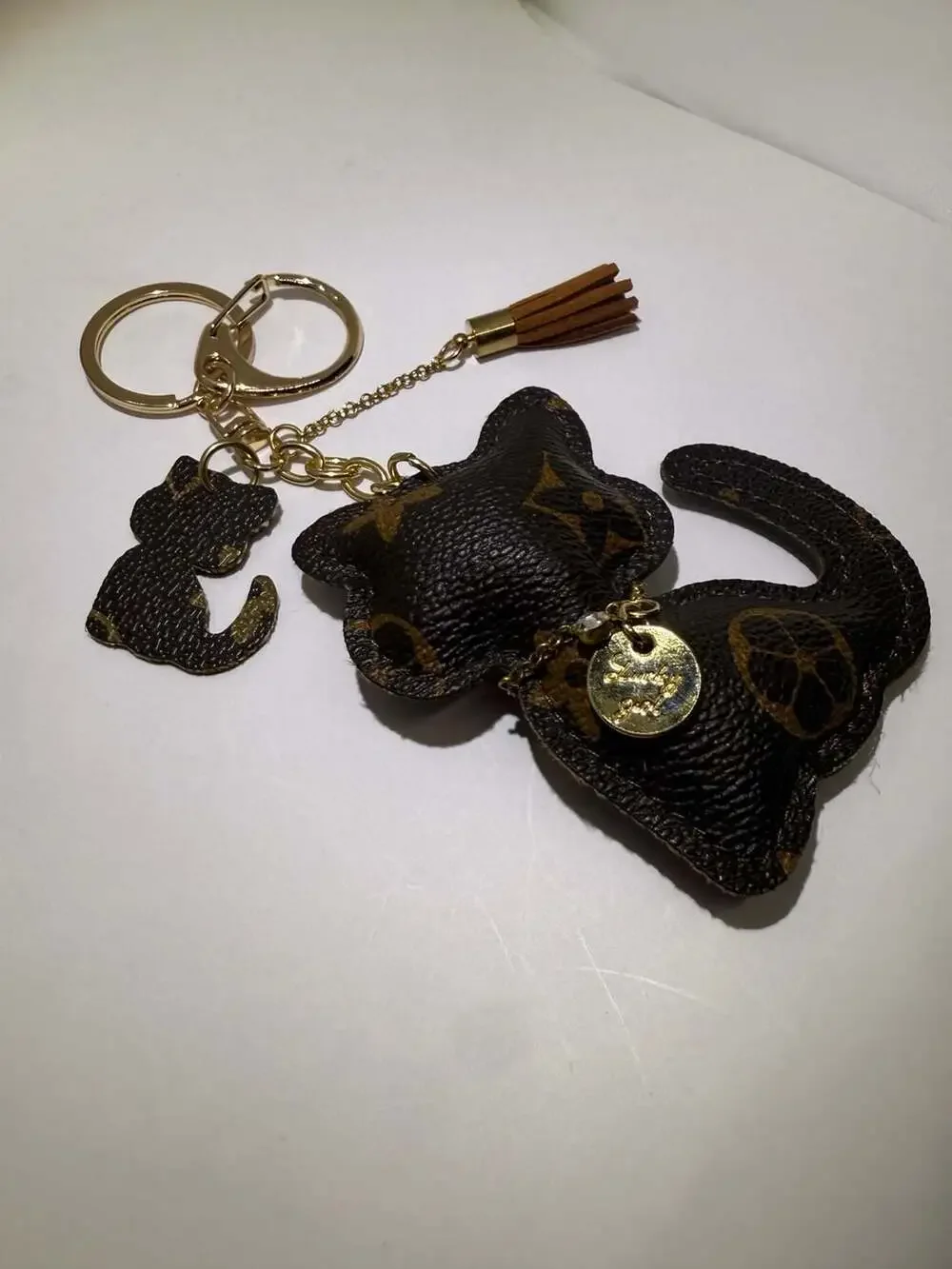Unbranded Cat Keychain Monogram PU Leather Tassel Pendant Brown